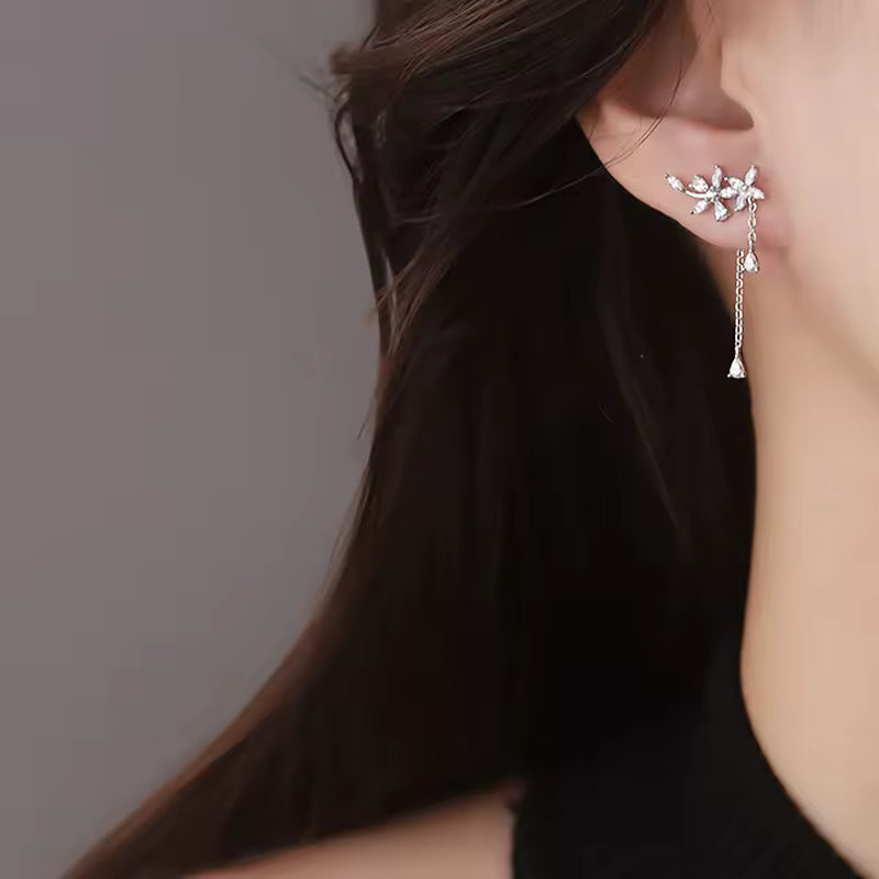 Sterling Silver Diamond Flower Long Women's Earrings