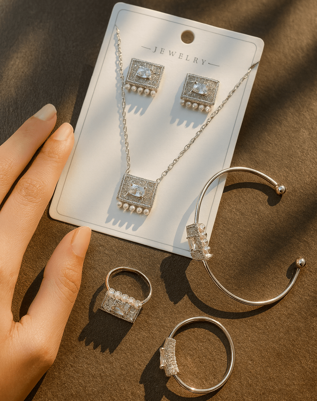 Silver Rectangle Crystal & Pearl Jewelry Set