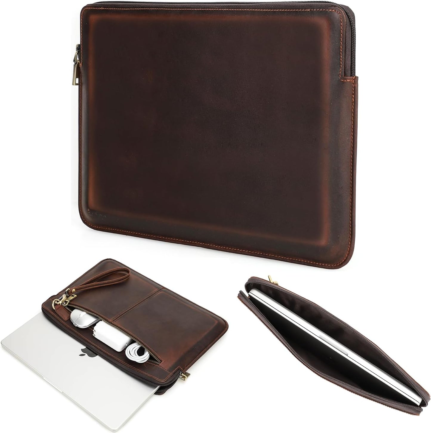 Retro Crazy Horse Leather Notebook Zipper Computer Bag