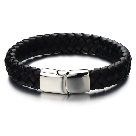 Vintage Men Leather Wristband Braided Magnetic Clasp Bracelet Bangle