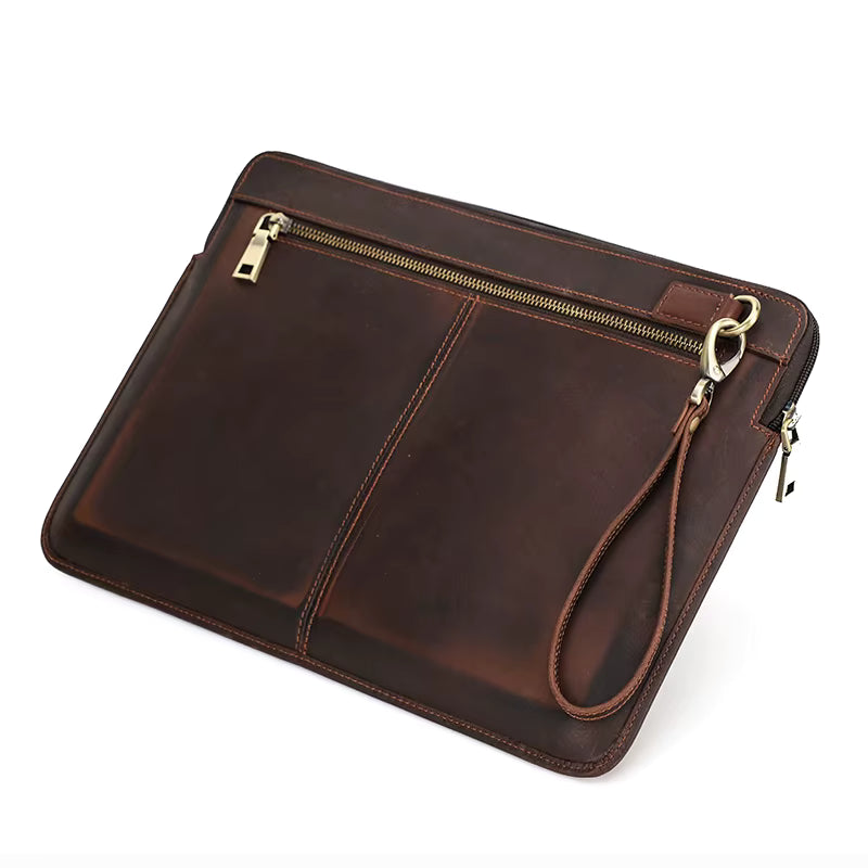 Retro Crazy Horse Leather Notebook Zipper Computer Bag