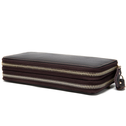 Men's Double Zipper Wallet Long First Layer Cowhide Large-capacity Handbag