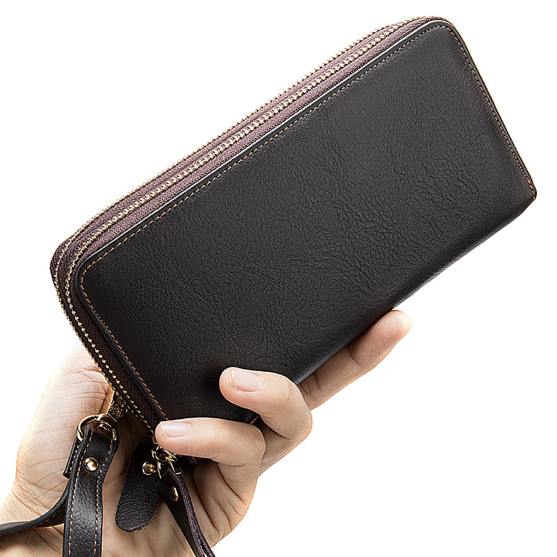 Men's Double Zipper Wallet Long First Layer Cowhide Large-capacity Handbag