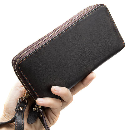 Men's Double Zipper Wallet Long First Layer Cowhide Large-capacity Handbag