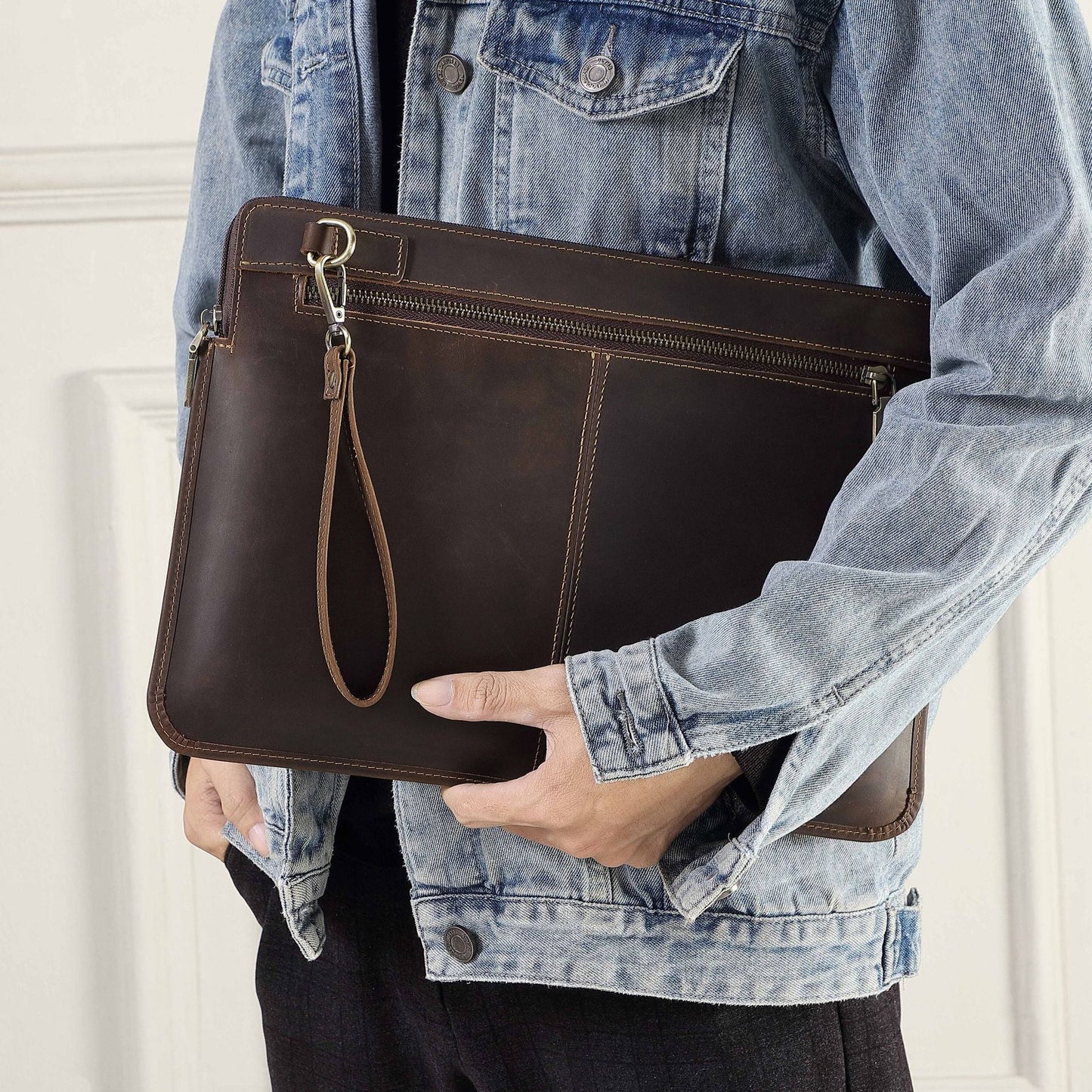 Retro Crazy Horse Leather Notebook Zipper Computer Bag