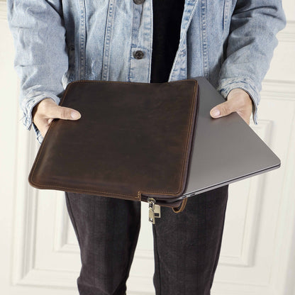 Retro Crazy Horse Leather Notebook Zipper Computer Bag