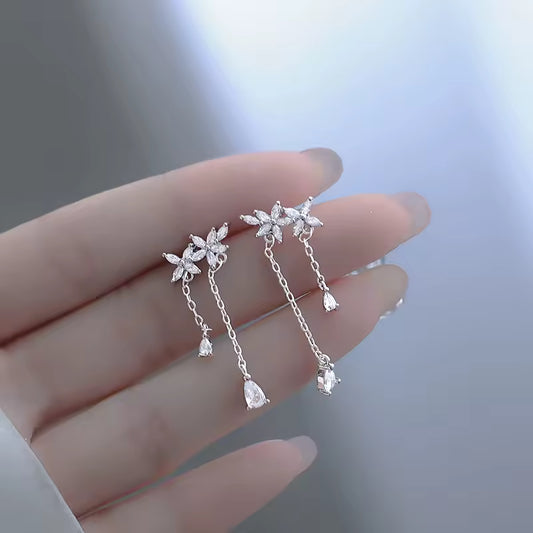 Sterling Silver Diamond Flower Long Women's Earrings