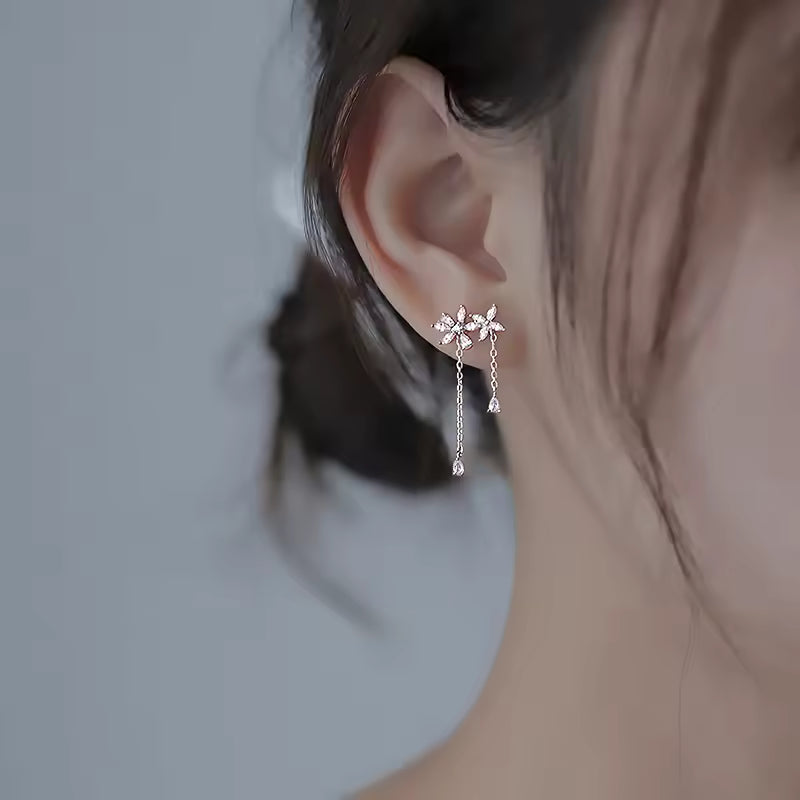 Sterling Silver Diamond Flower Long Women's Earrings