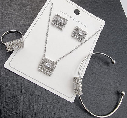 Silver Rectangle Crystal & Pearl Jewelry Set