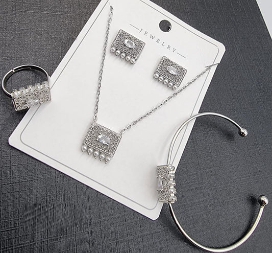 Silver Rectangle Crystal & Pearl Jewelry Set