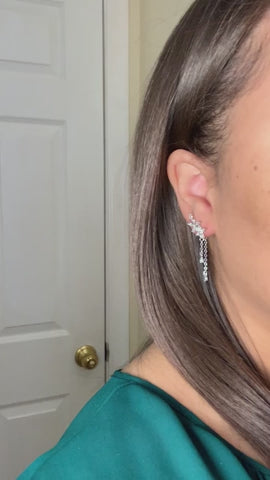 Sterling Silver Diamond Flower Long Women's Earrings