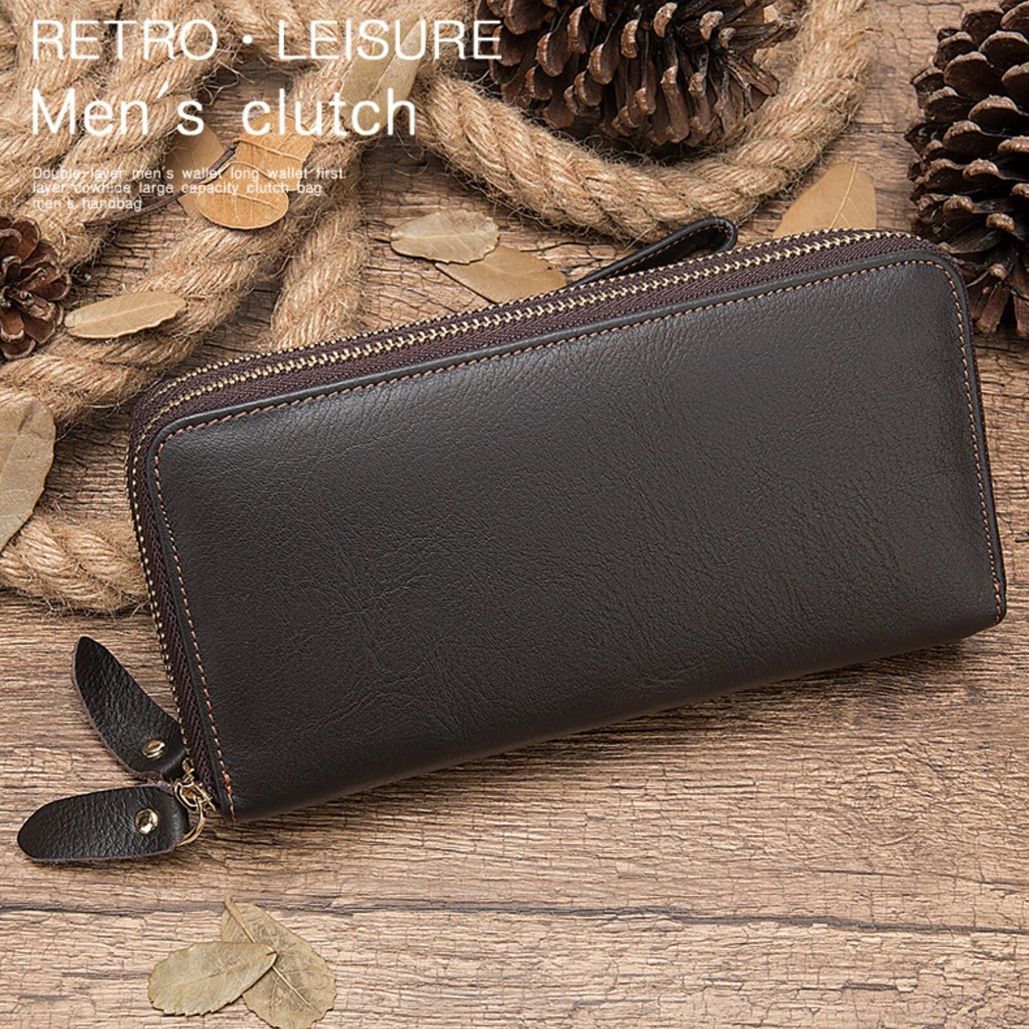 Men's Double Zipper Wallet Long First Layer Cowhide Large-capacity Handbag