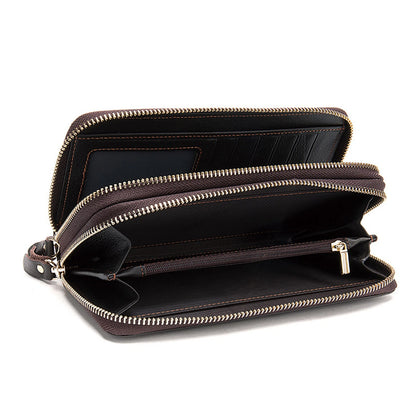 Men's Double Zipper Wallet Long First Layer Cowhide Large-capacity Handbag